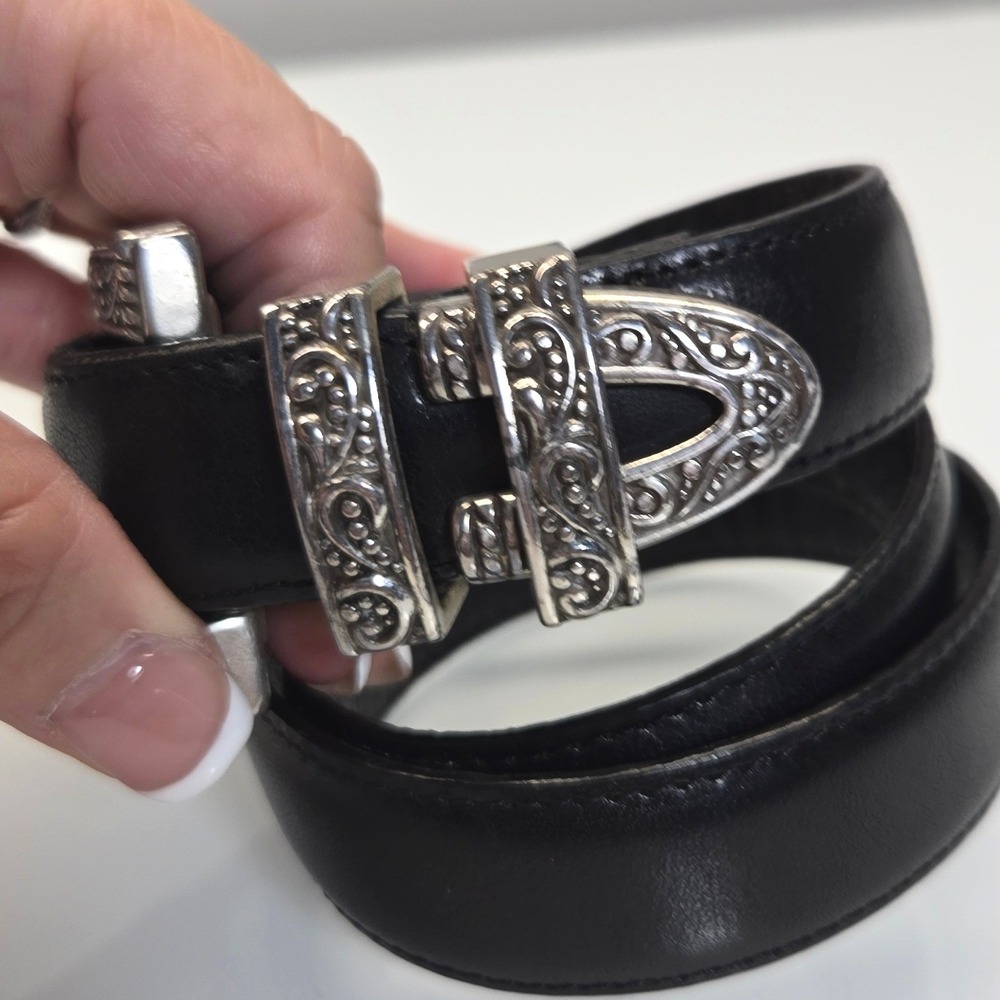 Vintage Y2K Brighton Leather Belt Medium 30 Black Silver Western Boho Filigree - Picture 3 of 10